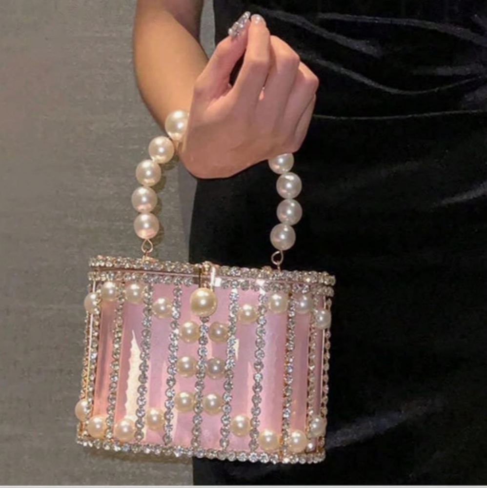 NWT Neiman Marcus Rhinestone Cage Bag Sparkling Hollow Pearl Evening Crossbody